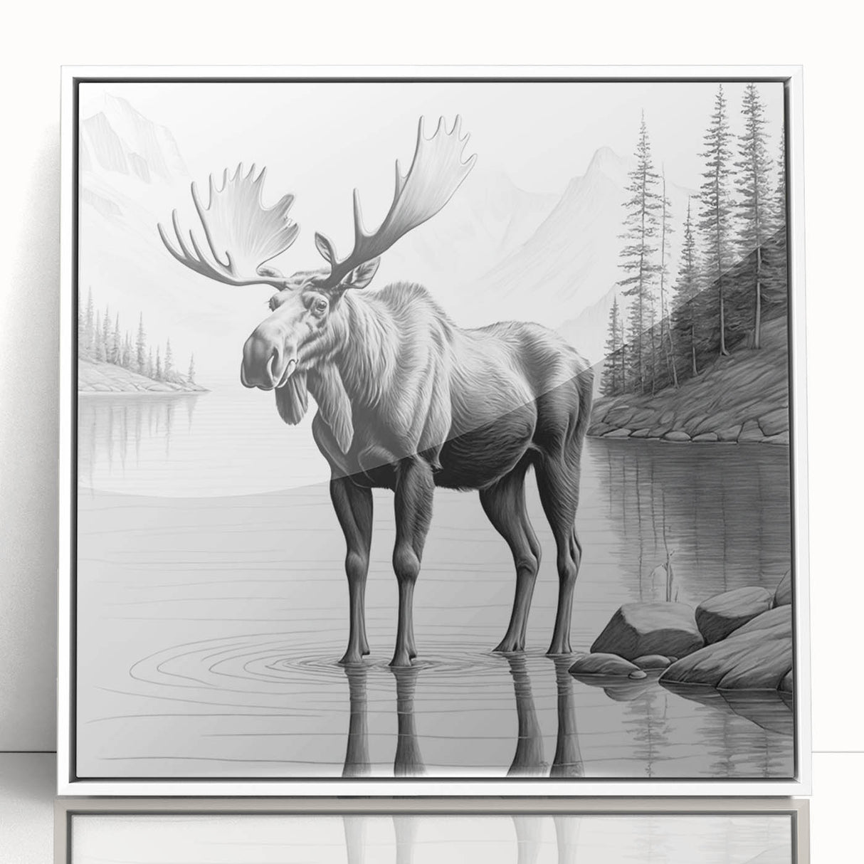 Framed wall art featuring a stunning moose and elk design, showcasing intricate details in earthy tones on a white background, perfect for nature lovers' decor.