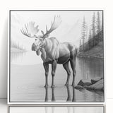 Framed wall art featuring a stunning moose and elk design, showcasing intricate details in earthy tones on a white background, perfect for nature lovers' decor.