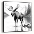 Framed wall art featuring a striking moose and elk design, set against a black background, showcasing intricate details and vibrant colors, perfect for nature enthusiasts.