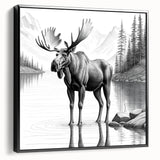 Framed wall art featuring a striking moose and elk design, set against a black background, showcasing intricate details and vibrant colors, perfect for nature enthusiasts.