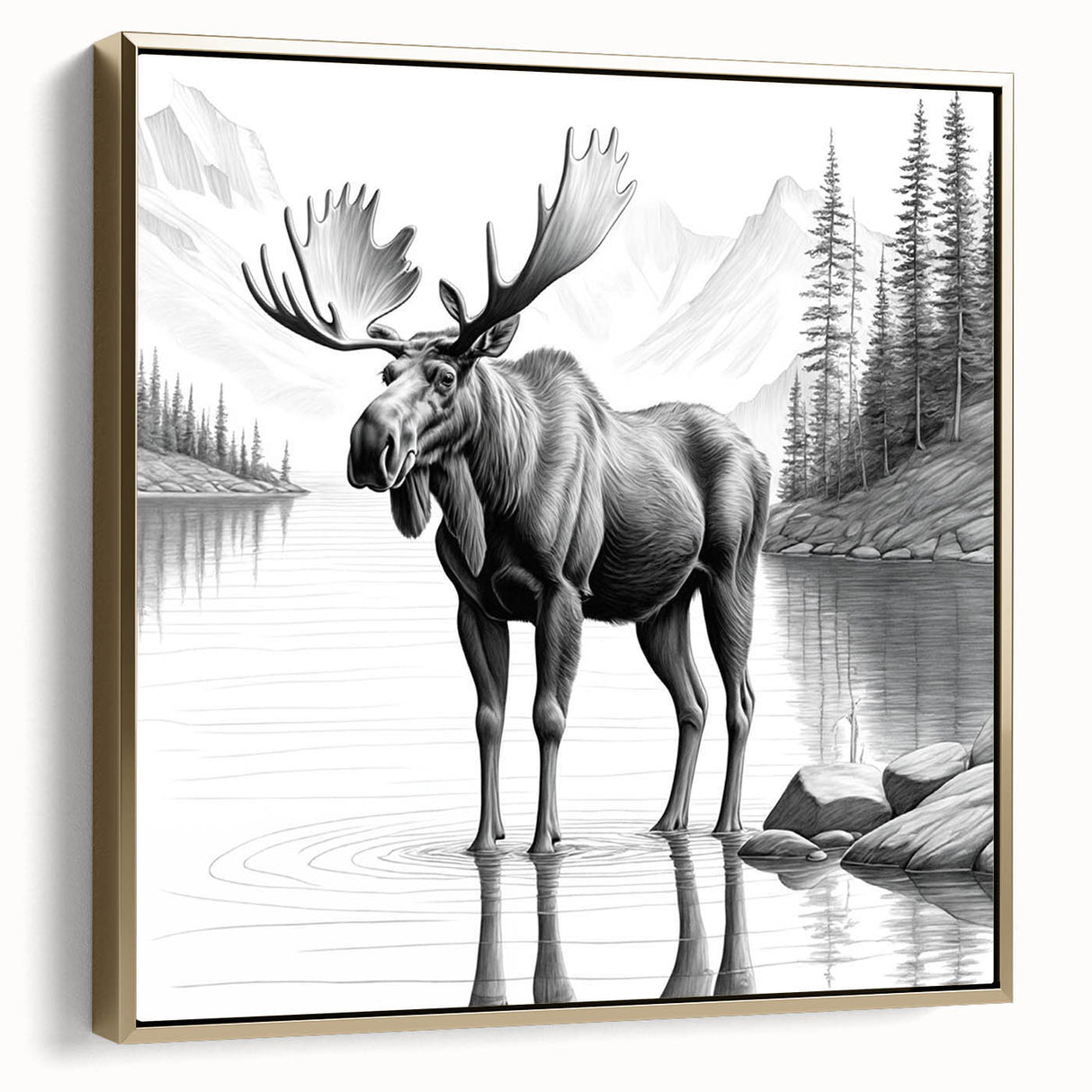 Framed canvas wall art featuring a detailed design of a moose and elk in a natural setting, with gold accents and a modern aesthetic, perfect for wildlife enthusiasts.