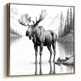 Framed canvas wall art featuring a detailed design of a moose and elk in a natural setting, with gold accents and a modern aesthetic, perfect for wildlife enthusiasts.