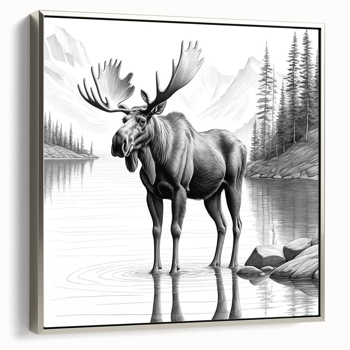 Framed wall art showcasing a moose and elk design in a natural setting, featuring detailed textures and a silver frame, perfect for wildlife enthusiasts.
