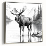 Framed wall art showcasing a moose and elk design in a natural setting, featuring detailed textures and a silver frame, perfect for wildlife enthusiasts.