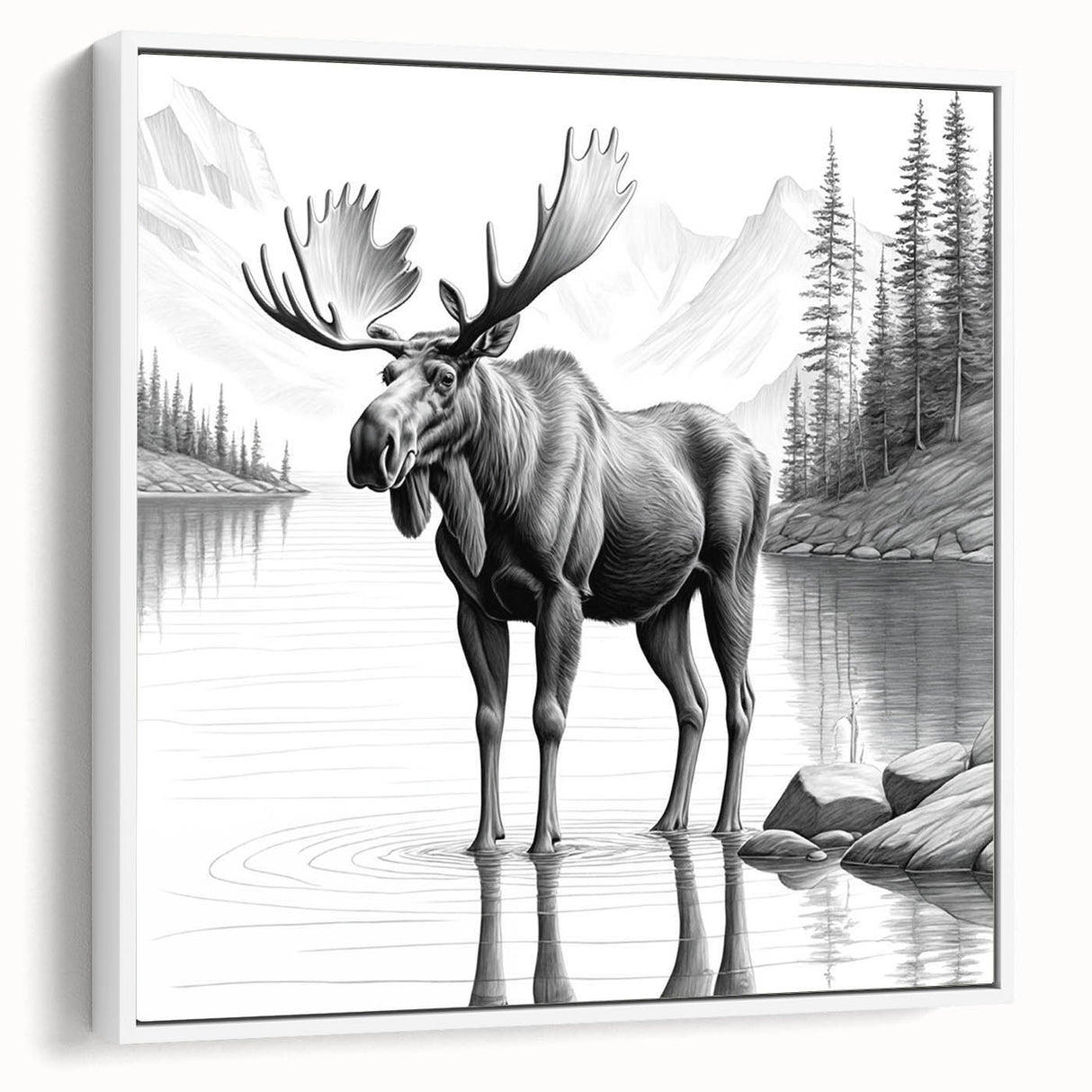 Framed canvas wall art showcasing a moose and elk design in a white setting, highlighting intricate wildlife details and vibrant colors, perfect for nature enthusiasts.