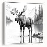 Framed canvas wall art showcasing a moose and elk design in a white setting, highlighting intricate wildlife details and vibrant colors, perfect for nature enthusiasts.