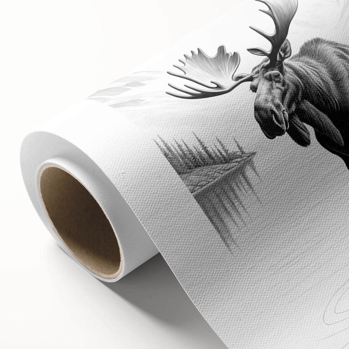 Moose and elk wall art design on rolled canvas, showcasing a vibrant nature scene with rich colors and detailed wildlife elements, perfect for home decor.
