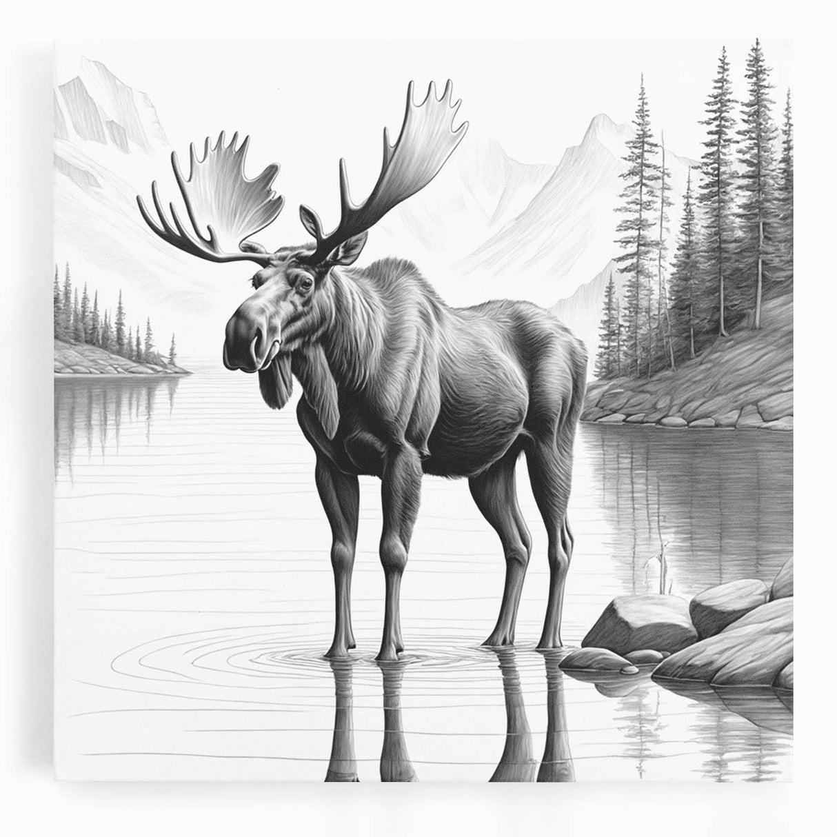 Front view of a stretched canvas wall art featuring a moose and elk design, showcasing vibrant colors and detailed wildlife imagery, ideal for nature enthusiasts.