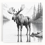Front view of a stretched canvas wall art featuring a moose and elk design, showcasing vibrant colors and detailed wildlife imagery, ideal for nature enthusiasts.