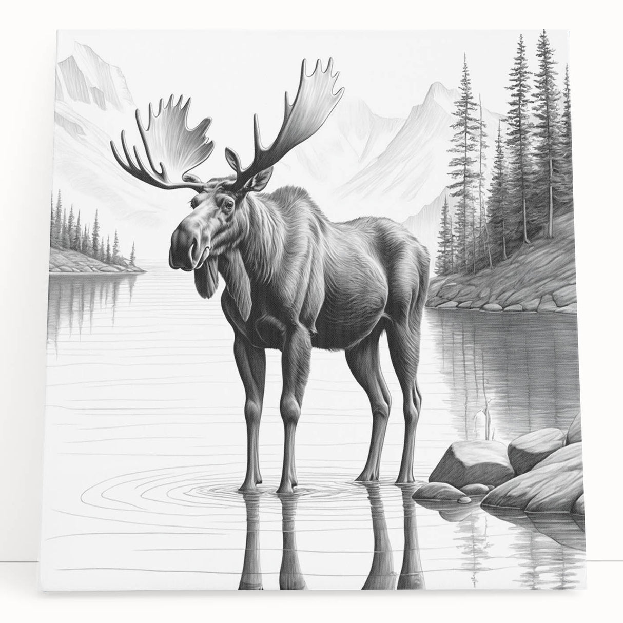 Stretched canvas wall art featuring a moose and elk design, showcasing intricate details and vibrant colors, perfect for nature-themed decor. Ideal for wildlife enthusiasts.