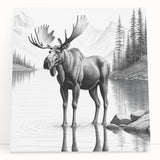 Stretched canvas wall art featuring a moose and elk design, showcasing intricate details and vibrant colors, perfect for nature-themed decor. Ideal for wildlife enthusiasts.