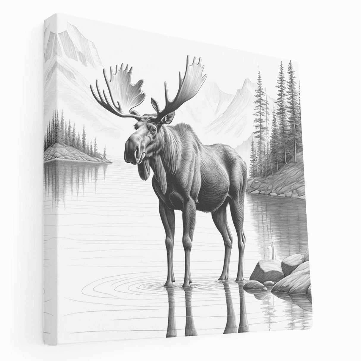 Side view of a stretched canvas wall art piece depicting a moose and elk in a natural setting, featuring earthy tones and intricate detailing, perfect for wildlife enthusiasts.