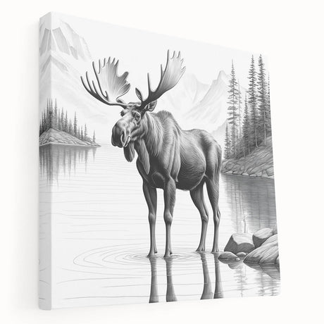Side view of a stretched canvas wall art piece depicting a moose and elk in a natural setting, featuring earthy tones and intricate detailing, perfect for wildlife enthusiasts.
