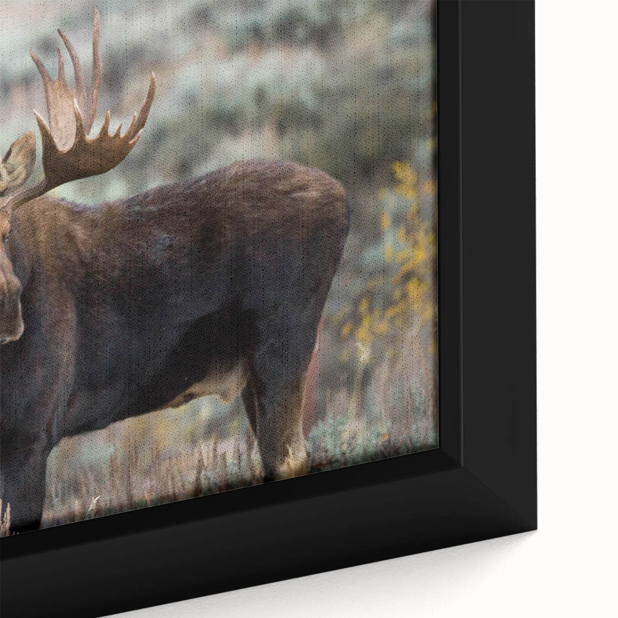 Close-up of a framed canvas wall art featuring a moose and elk design, showcasing intricate details and vibrant colors, ideal for nature enthusiasts and home decor.