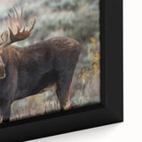 Close-up of a framed canvas wall art featuring a moose and elk design, showcasing intricate details and vibrant colors, ideal for nature enthusiasts and home decor.