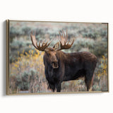 Framed canvas wall art featuring a moose and elk design, showcasing intricate details and a gold frame, ideal for wildlife enthusiasts and home decor.