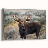Framed wall art featuring a moose and elk design, showcasing detailed wildlife imagery on a canvas with a silver frame, ideal for nature enthusiasts.