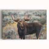 Stretched canvas wall art showcasing a detailed moose and elk design, set against a natural backdrop, perfect for wildlife enthusiasts and home decor.