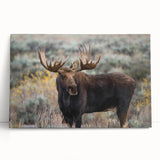 Moose and elk design stretched canvas wall art featuring a vibrant wildlife scene, showcasing rich colors and intricate details, perfect for nature enthusiasts.
