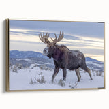 Framed canvas wall art design showcasing a majestic moose and elk in a natural setting, featuring gold accents and a side view, perfect for wildlife enthusiasts.