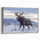 Framed wall art showcasing a moose and elk design in a silver frame, highlighting intricate details of wildlife in a serene forest setting, perfect for nature enthusiasts.