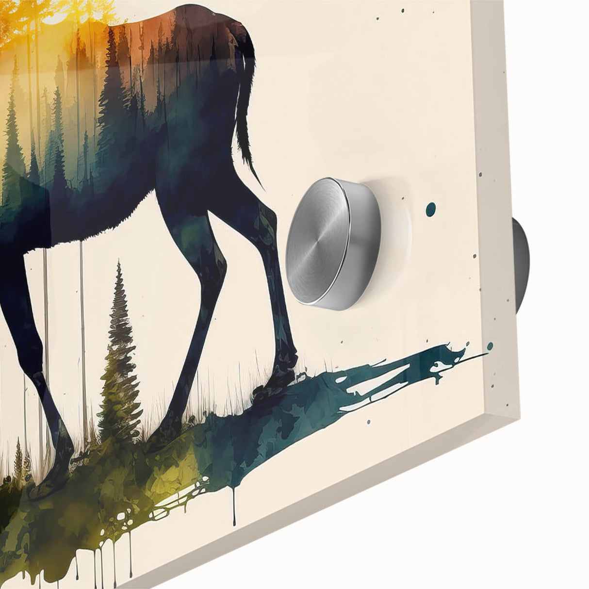 Close-up of a moose and elk wall art design on acrylic glass, showcasing intricate wildlife details with vibrant colors, perfect for nature enthusiasts' decor.