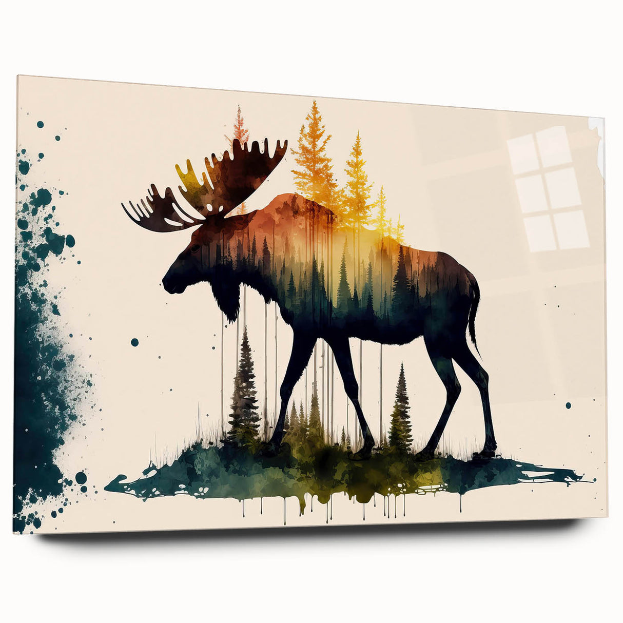Side view of a 16-piece wall art collection featuring moose and elk designs, printed on acrylic glass, showcasing vibrant colors and intricate details. Perfect for nature enthusiasts and wildlife decor.