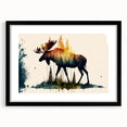 Framed wall art collection showcasing a moose and elk design in a black frame with matting, ideal for nature-themed decor and wildlife enthusiasts.