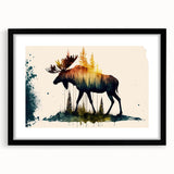 Framed wall art collection showcasing a moose and elk design in a black frame with matting, ideal for nature-themed decor and wildlife enthusiasts.
