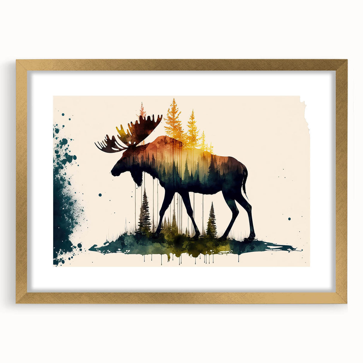 Moose and elk wall art collection in a gold frame with mat, showcasing a detailed wildlife design perfect for nature-themed decor or cabin aesthetics.