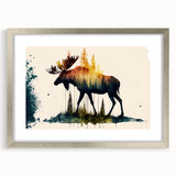 Silver-framed wall art featuring a moose and elk design, elegantly matted, showcasing intricate wildlife details against a neutral backdrop, perfect for nature enthusiasts.