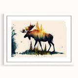 Framed wall art collection featuring a moose and elk design, showcasing nature-inspired wildlife illustrations in a white mat, perfect for home decor.