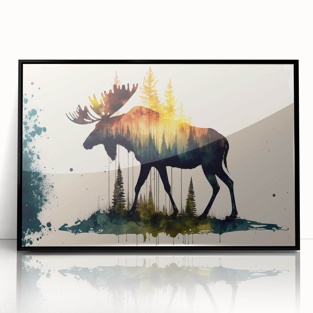 Framed wall art featuring a moose and elk design in a sleek black frame, perfect for nature enthusiasts. This 16-inch acrylic print adds a touch of wildlife decor to any room.