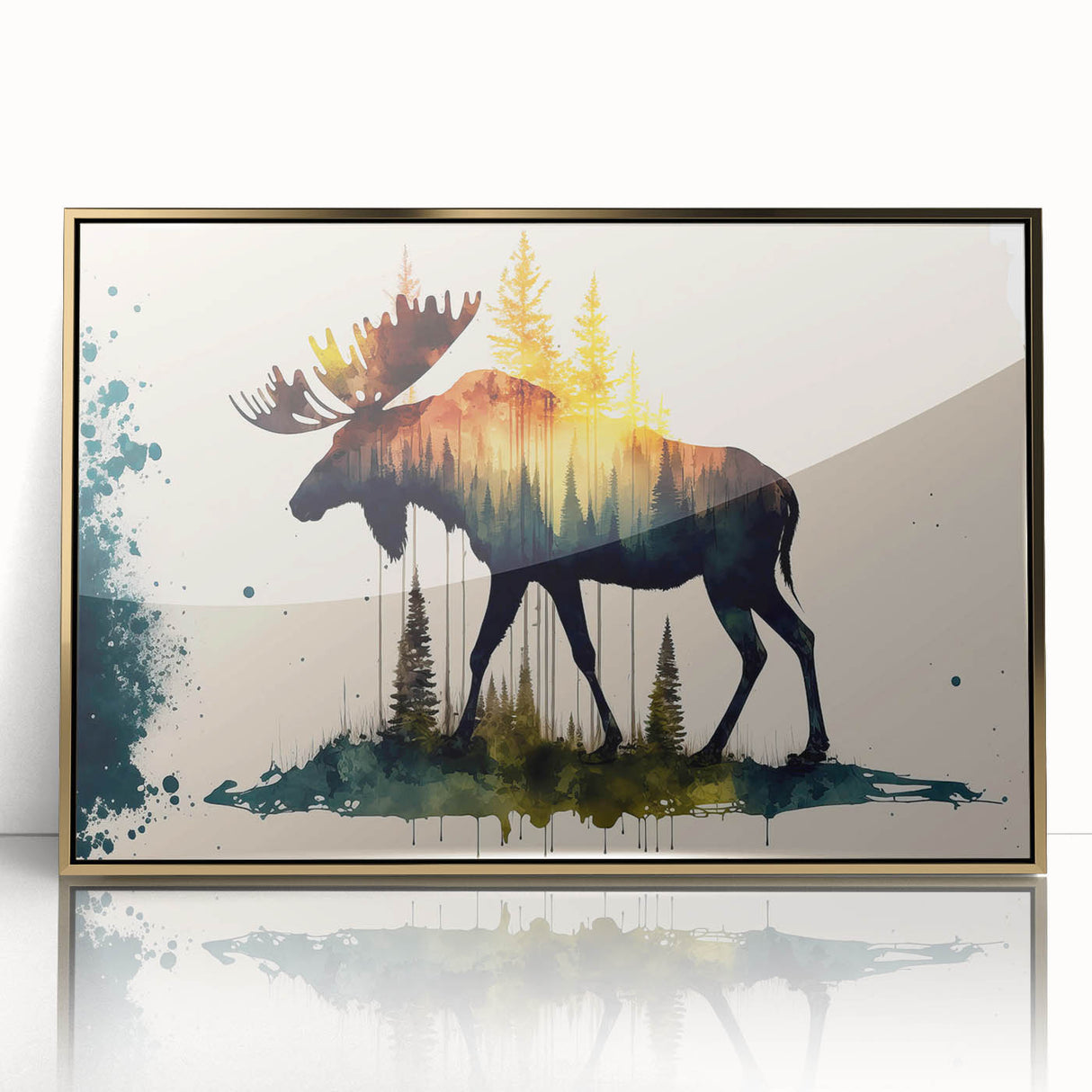 Framed wall art featuring a striking moose and elk design in rich colors, set against a gold-acrylic background, perfect for wildlife enthusiasts.