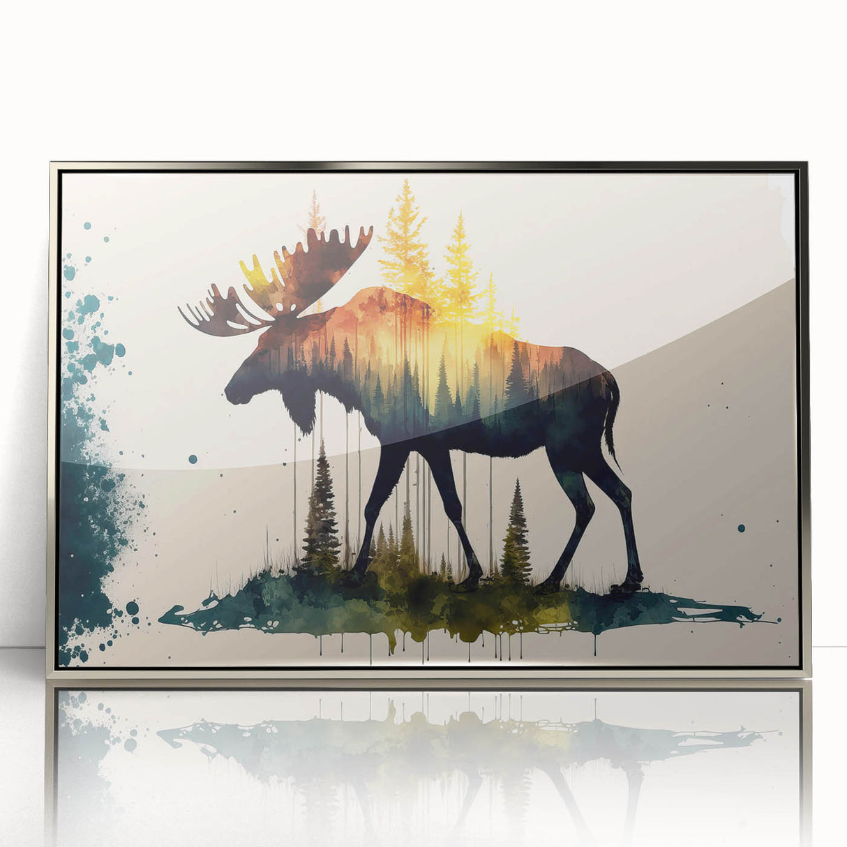Framed wall art featuring a moose and elk design in a silver-acrylic finish, showcasing intricate wildlife details and vibrant colors, ideal for nature enthusiasts.