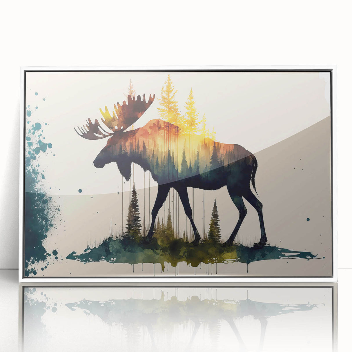 Framed acrylic wall art showcasing a moose and elk design, featuring a white border, ideal for wildlife enthusiasts and nature-themed decor.