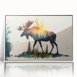 Framed acrylic wall art showcasing a moose and elk design, featuring a white border, ideal for wildlife enthusiasts and nature-themed decor.