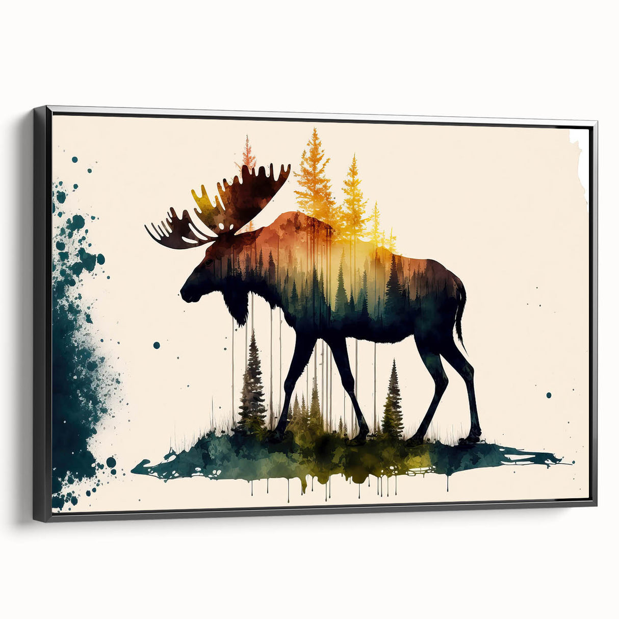 Framed wall art showcasing a stunning moose and elk design in a black frame, set against a white background, perfect for wildlife enthusiasts and home decor.