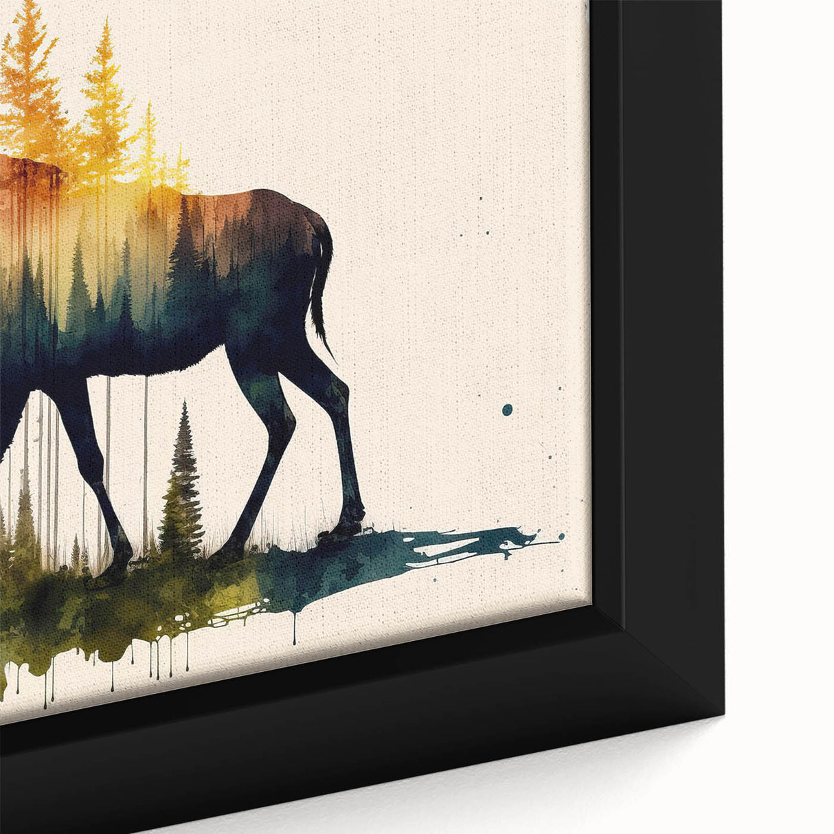 Close-up of a framed canvas artwork featuring a moose and elk design, showcasing detailed wildlife imagery with rich colors, perfect for nature-inspired decor.