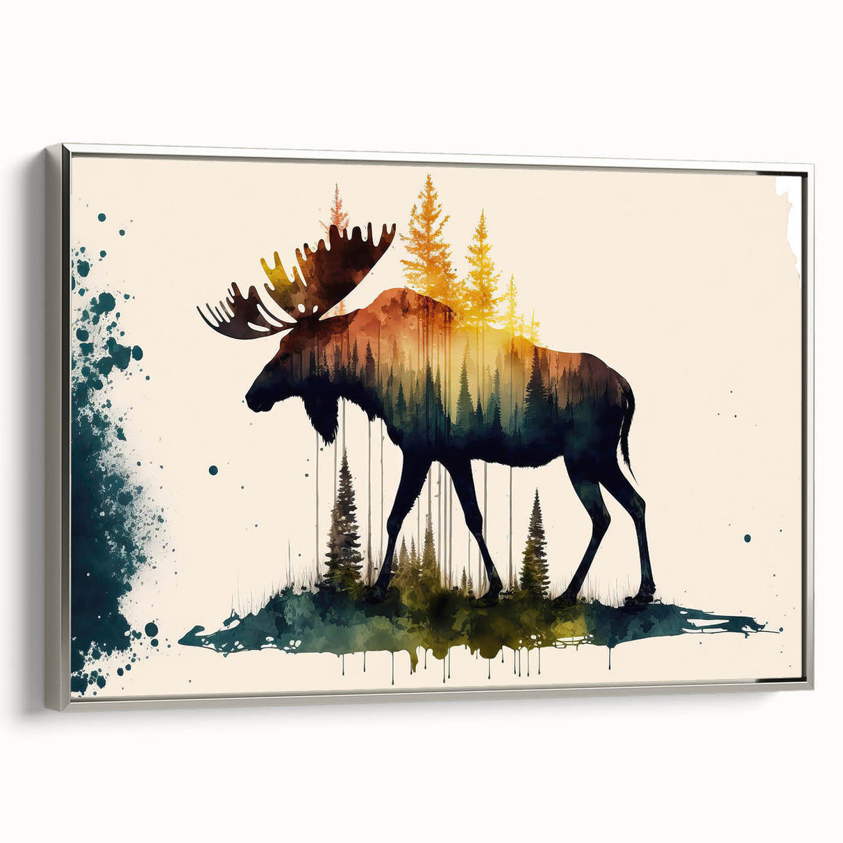 Framed canvas wall art showcasing a side view of a moose and elk design, featuring detailed wildlife illustration in vibrant colors, perfect for nature enthusiasts' decor.