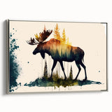 Framed canvas wall art showcasing a side view of a moose and elk design, featuring detailed wildlife illustration in vibrant colors, perfect for nature enthusiasts' decor.