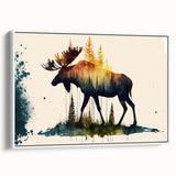 Framed wall art featuring a moose and elk design in a natural setting, showcasing intricate details and vivid colors on a white backdrop, perfect for wildlife enthusiasts.