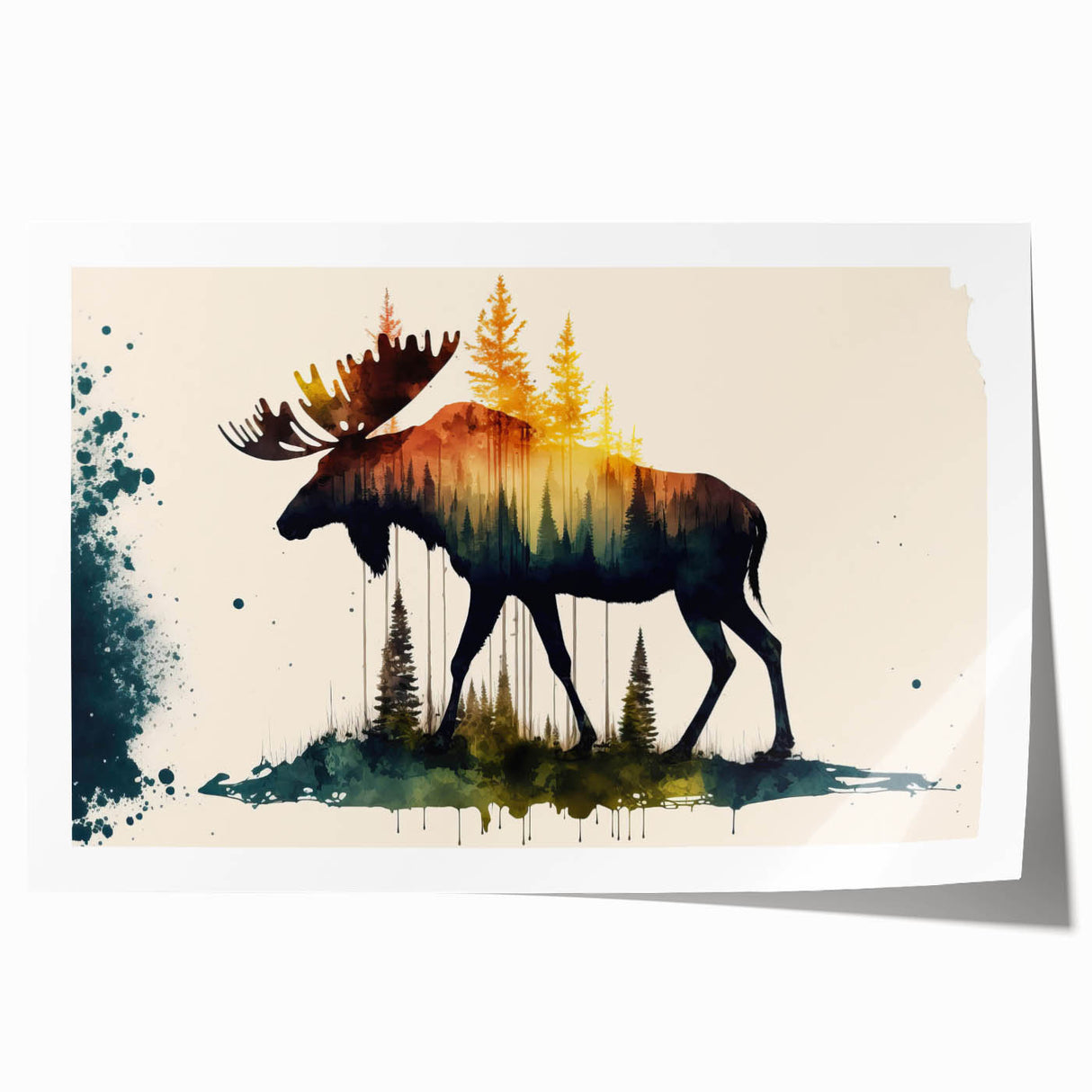 Moose and elk wall art design featuring detailed illustrations of woodland animals in a natural setting, printed on rolled canvas for easy display and shipping.