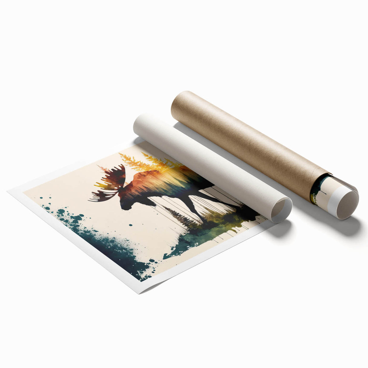 Moose and elk wall art design featuring intricate wildlife illustrations on a rolled print, showcasing vibrant colors and detailed textures for nature lovers.