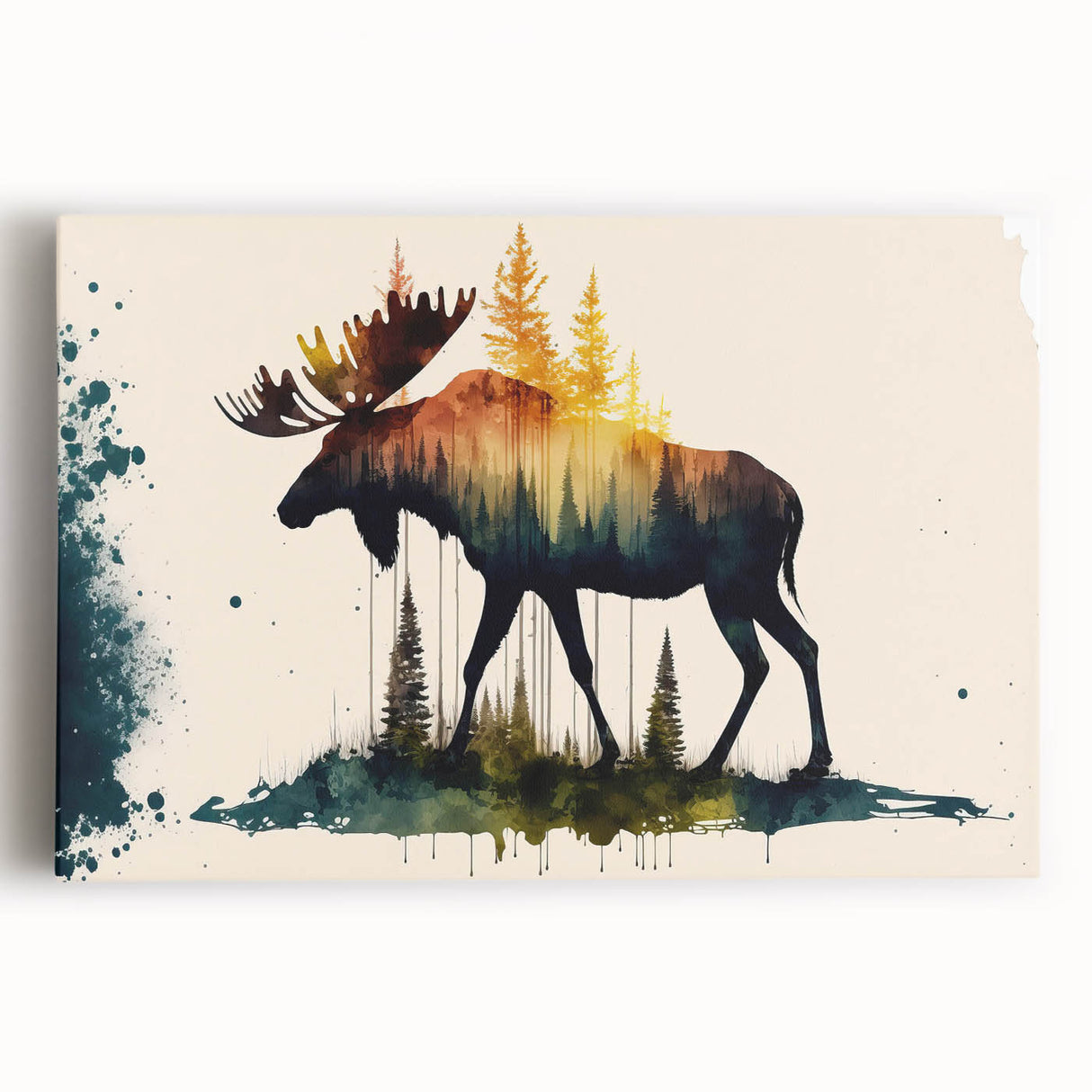 Stretched canvas wall art featuring a stunning moose and elk design, showcasing vibrant colors and intricate details, ideal for wildlife enthusiasts and home decor.