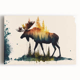 Stretched canvas wall art featuring a stunning moose and elk design, showcasing vibrant colors and intricate details, ideal for wildlife enthusiasts and home decor.