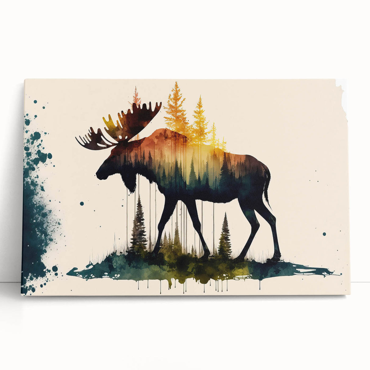 Moose and elk design stretched canvas wall art collection showcasing wildlife in a natural setting, featuring earthy tones and detailed illustrations, perfect for nature enthusiasts.