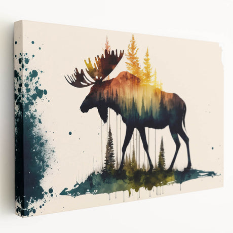 Moose and elk design stretched canvas wall art showcasing detailed wildlife imagery in natural colors, ideal for nature-themed decor and outdoor enthusiasts.