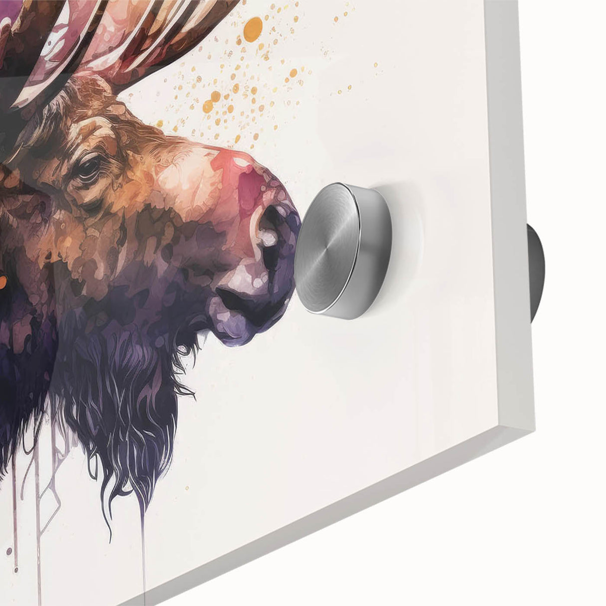 Close-up of a striking acrylic glass artwork featuring a moose and elk design from the "Animals A Wild Life" collection, showcasing intricate details and vibrant colors, perfect for nature enthusiasts and home decor.