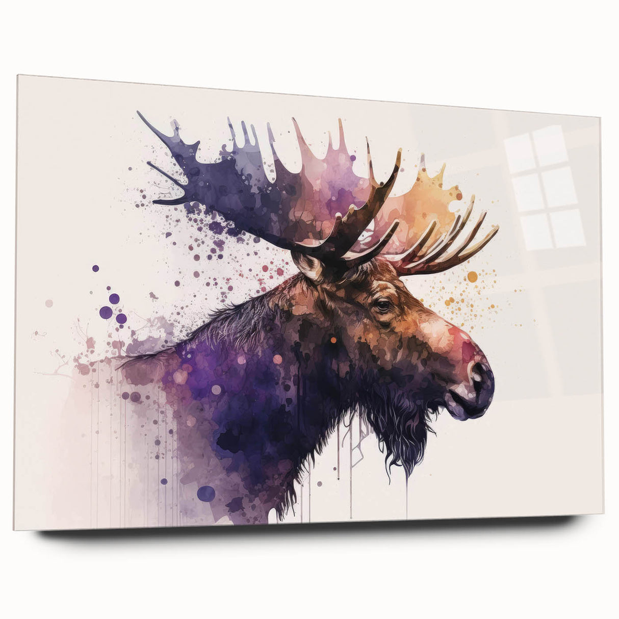 Side view of a moose and elk design wall art collection, featuring acrylic glass and vibrant colors, showcasing a wildlife theme perfect for nature lovers.